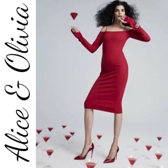 NWT ALICE & OLIVIA DORINDA RUBY RED BODYCON MIDI SHEATH DRESS XMAS NYE, SIZE 2 - Picture 11 of 13